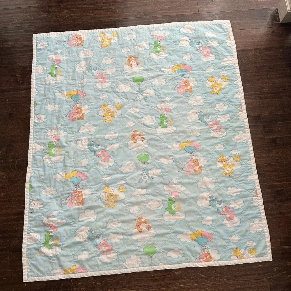 Vintage Care Bears Quilted Baby Blanket Blue Cloud Print 48x44 80s‎ Nostalgia